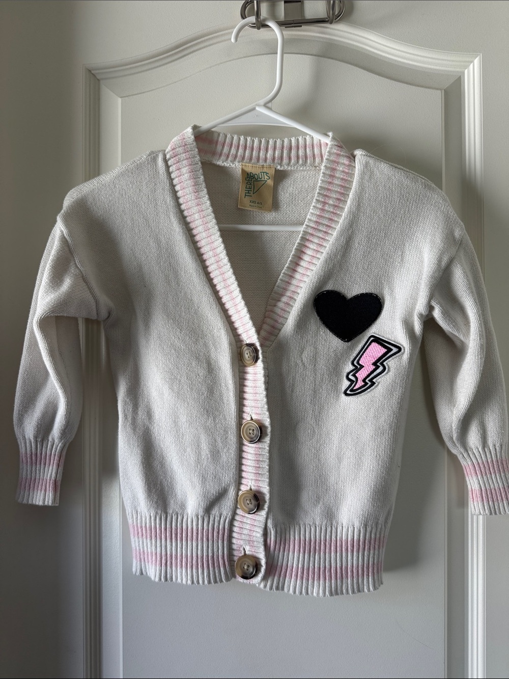 Girls Cream Cardigan with Pink Trim and Patch Accents / E28